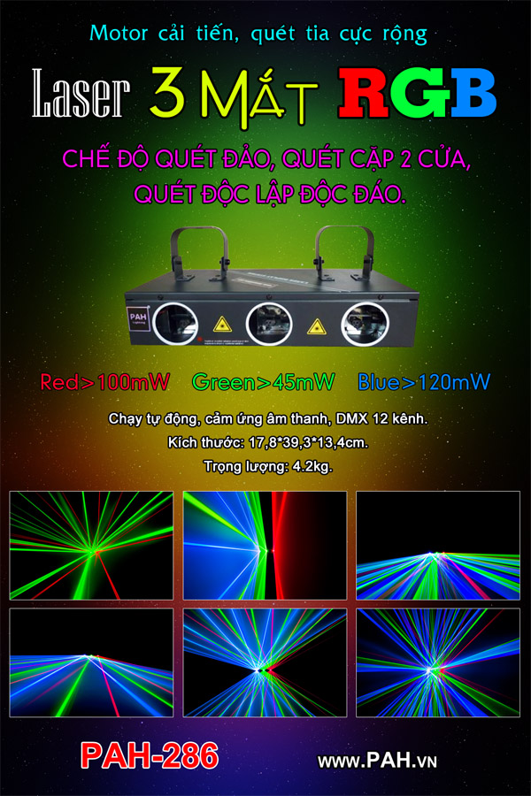 Đèn laze 3 mắt RGB quét tia cực rộng